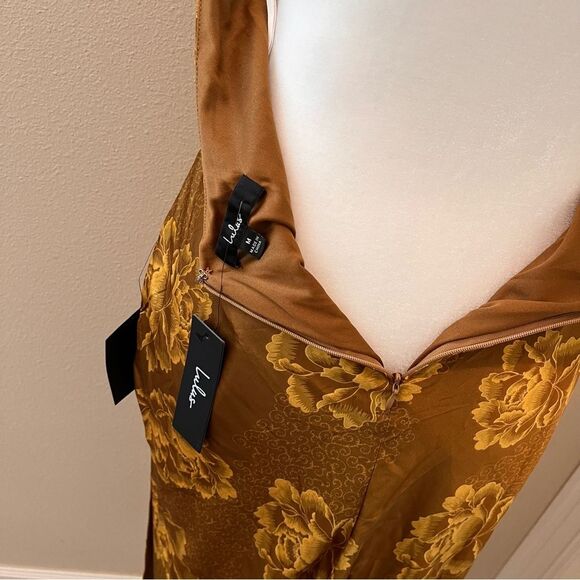 Lulus Luminous Darling Dark Gold Satin Floral Halter Midi Dress Medium NWT - Picture 4 of 5